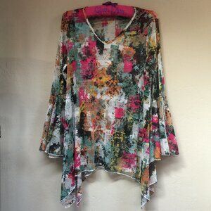 Dor Dor Couture Top Womens Multicolor Boho Mesh Cover Up Shirt Large Bell Sleeve